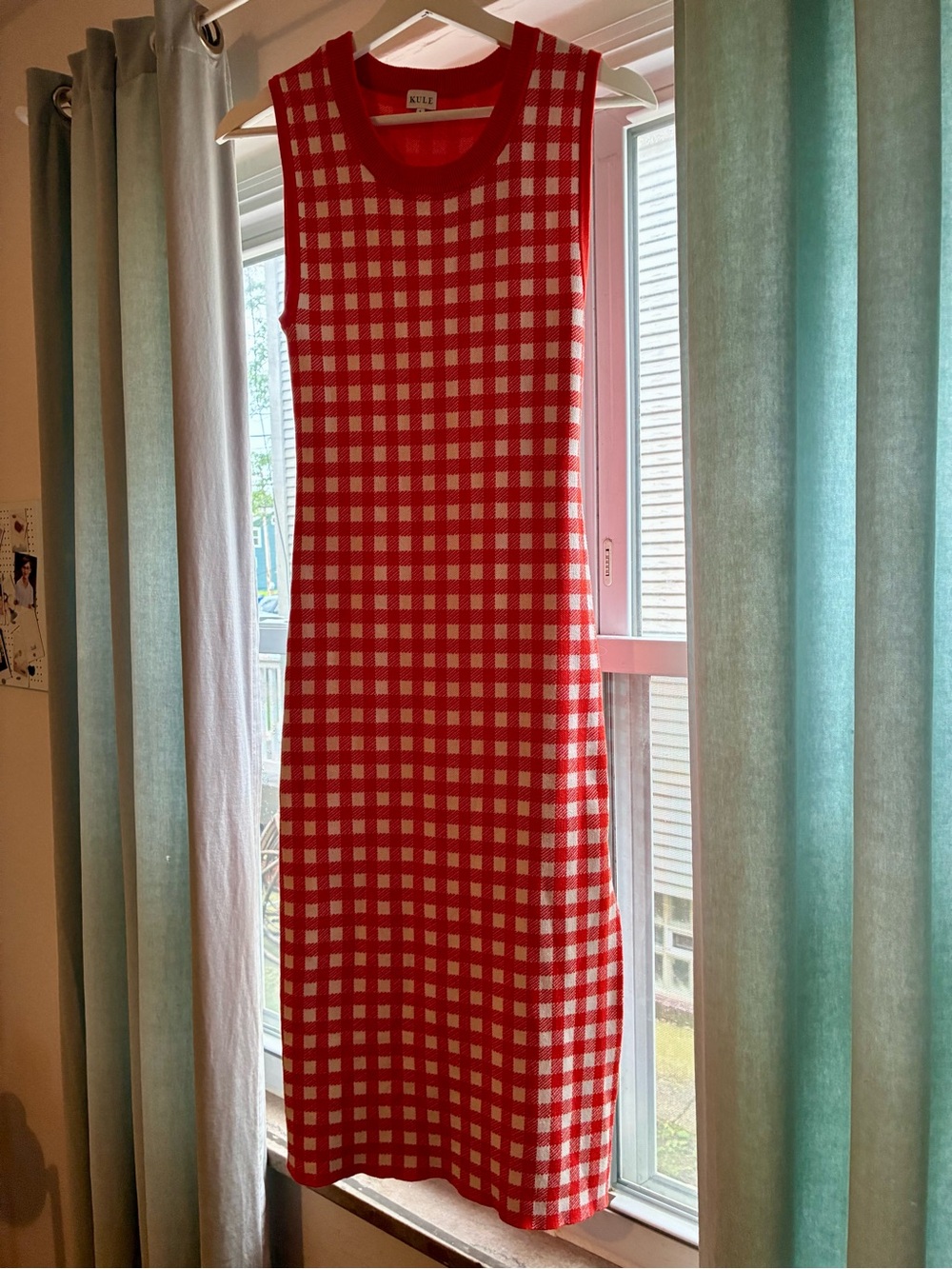 KULE Poppy and White Gingham Knit Sleeveless Dress w/ Side Slit